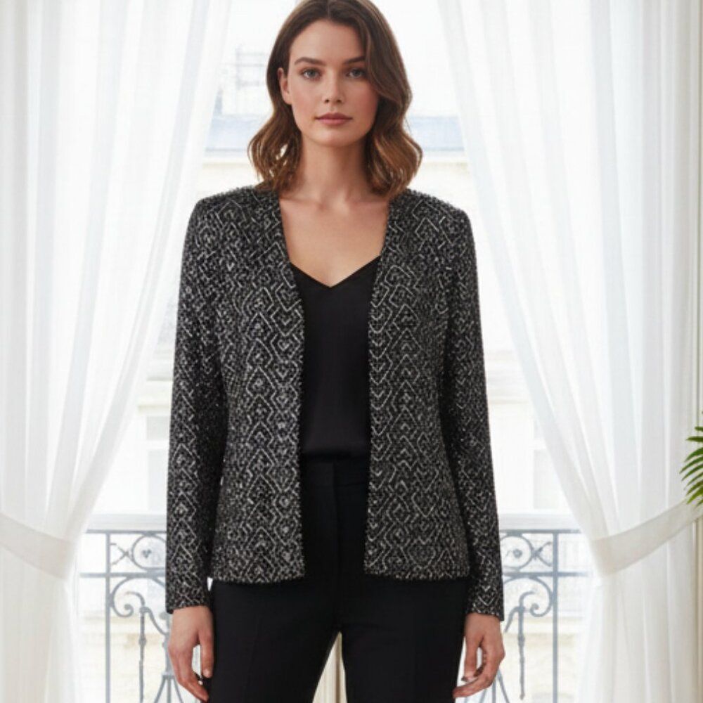 Alex Evenings Metallic Geometric Formal Jacket | Black Gold Bronze 8P Petite